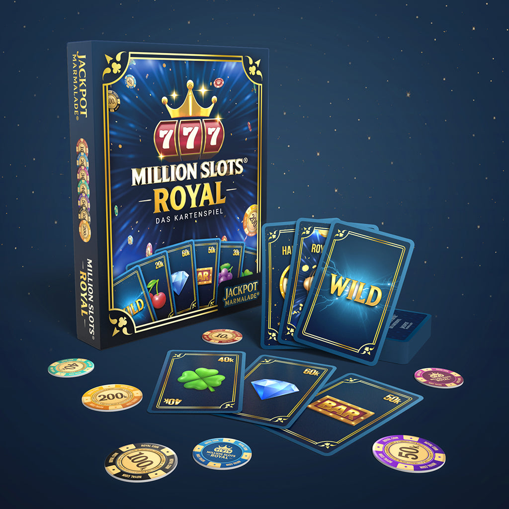 Million Slots Royal Kartenspiel-Box mit Karten und bunten Jetons auf blauem Sternenhintergrund