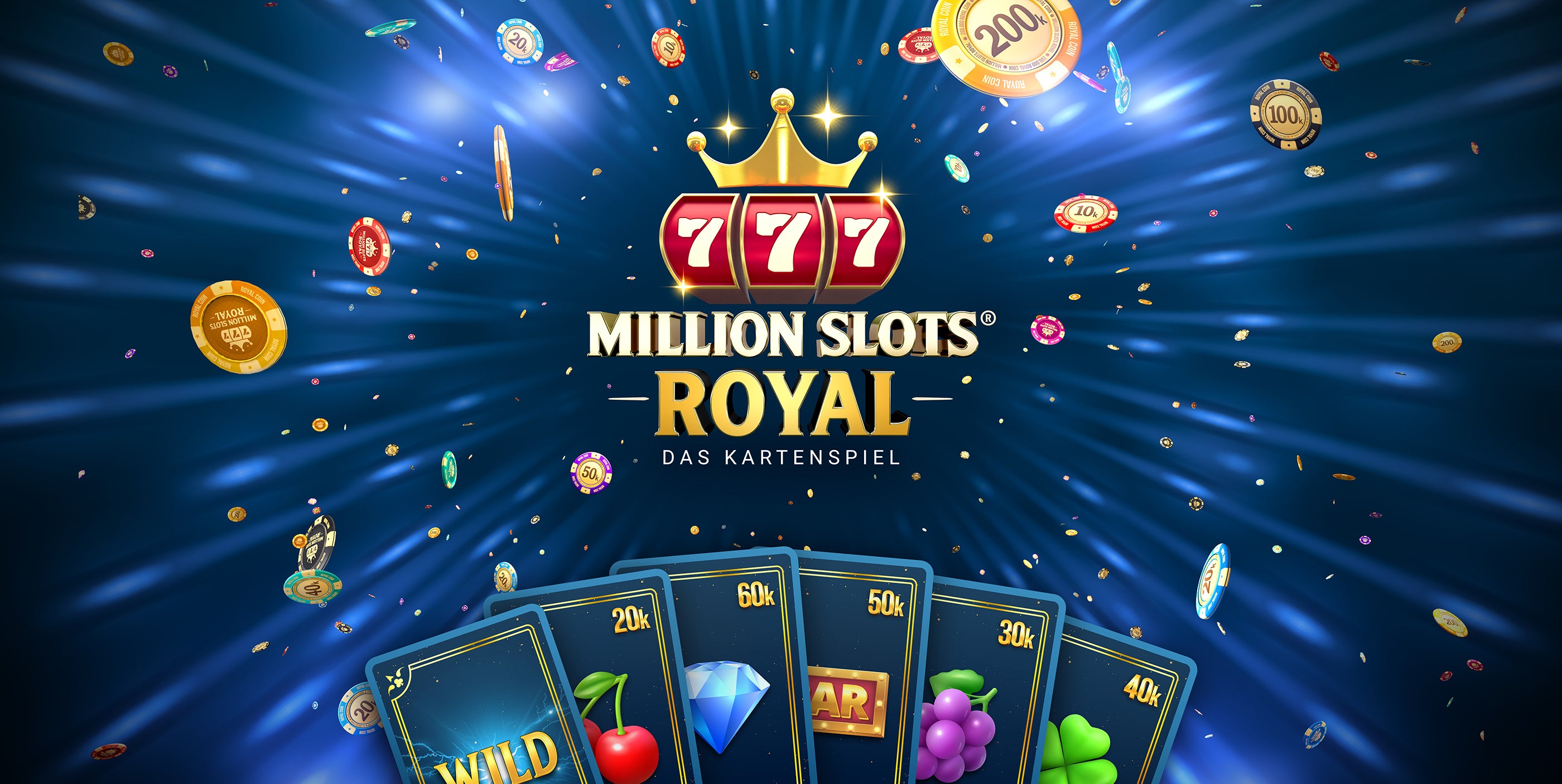 Million Slots Royal Kartenspiel Logo auf edlem blauem Hintergrund, fliegende Royal Coins und Karten