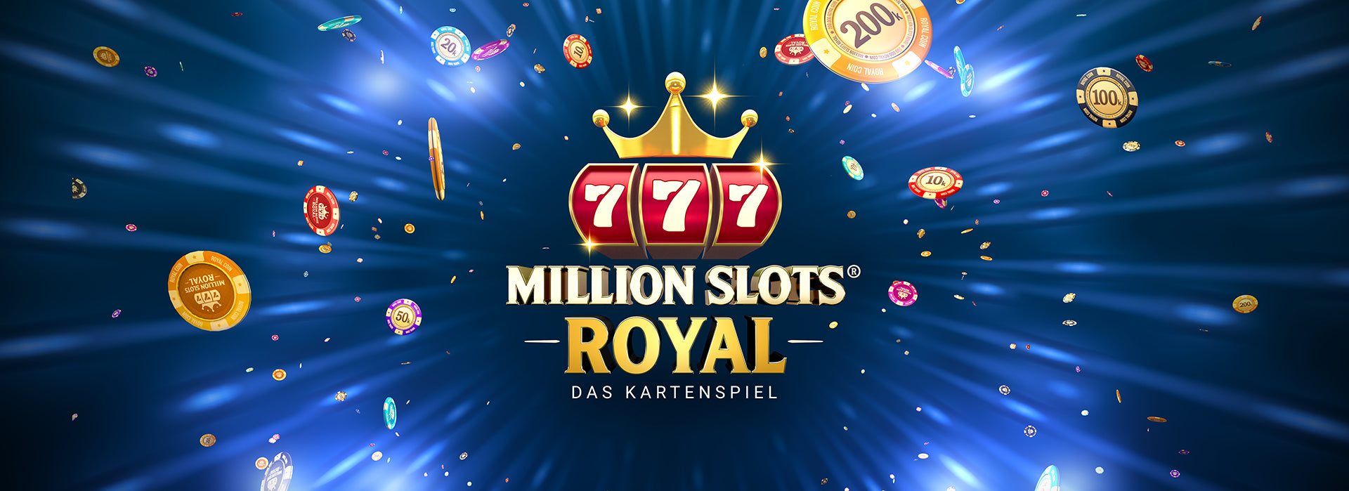 Million Slots Royal Kartenspiel Logo auf blauem Grund und fliegende Royal Coins
